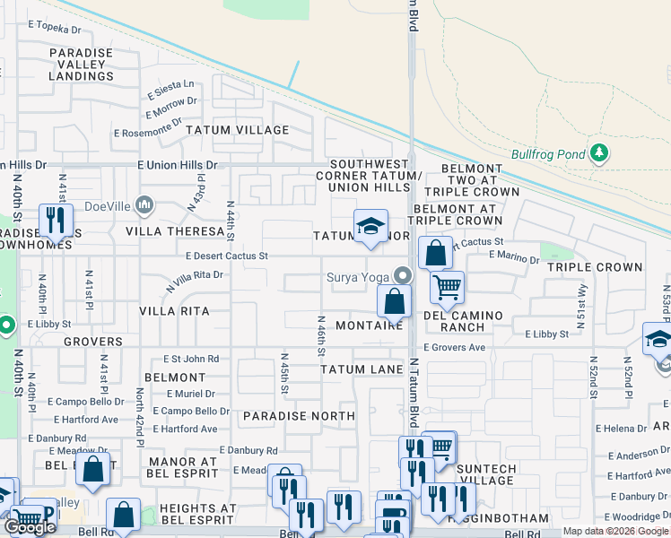 map of restaurants, bars, coffee shops, grocery stores, and more near 4614 East Villa Rita Drive in Phoenix