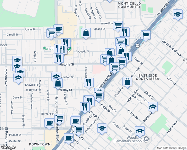 map of restaurants, bars, coffee shops, grocery stores, and more near 301 Hamilton Street in Costa Mesa
