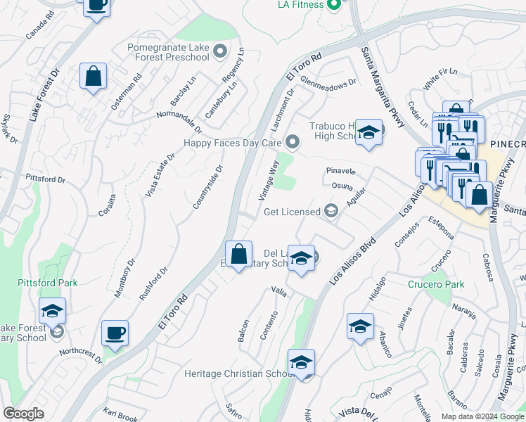 map of restaurants, bars, coffee shops, grocery stores, and more near 21442 Vintage Way in Lake Forest