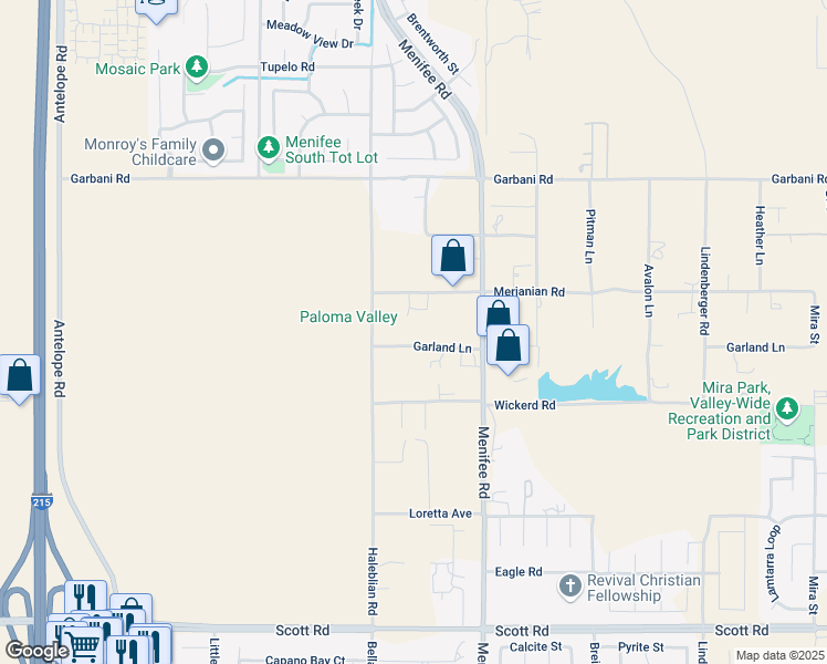 map of restaurants, bars, coffee shops, grocery stores, and more near 28702 Garland Lane in Menifee