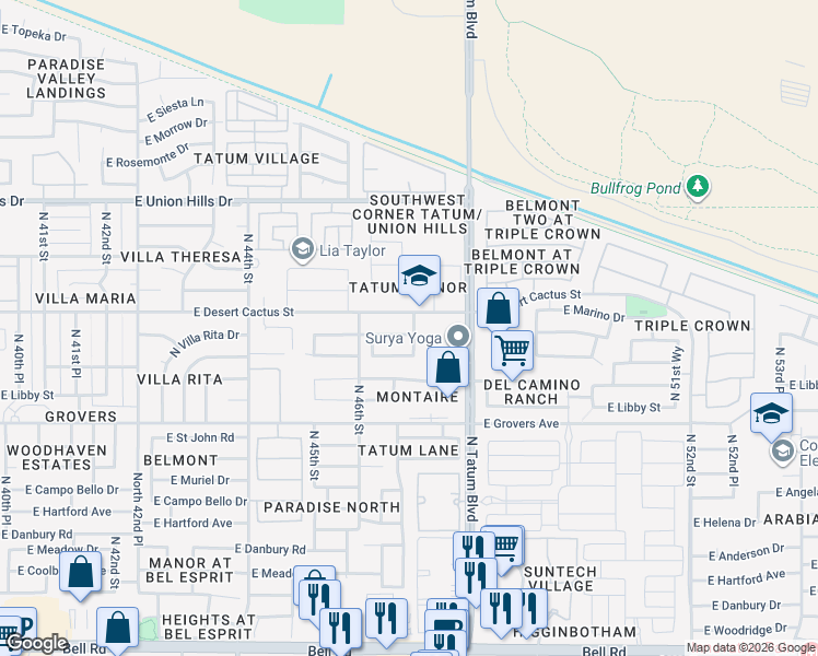 map of restaurants, bars, coffee shops, grocery stores, and more near 4646 East Villa Rita Drive in Phoenix