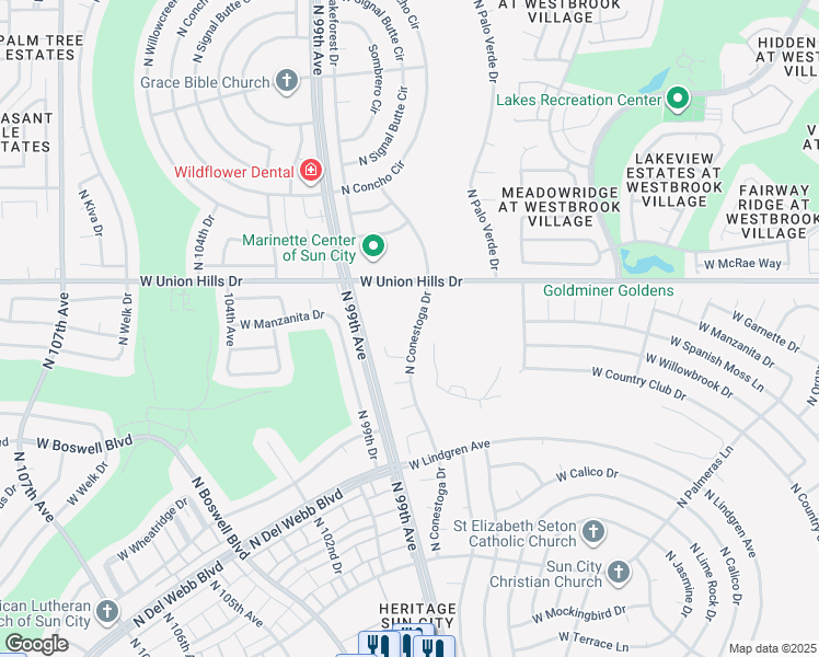 map of restaurants, bars, coffee shops, grocery stores, and more near 18418 North Conestoga Drive in Sun City