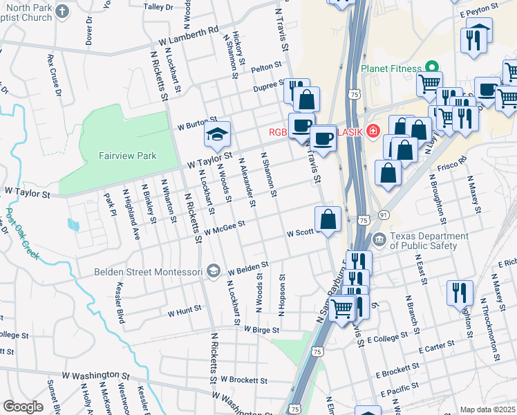 map of restaurants, bars, coffee shops, grocery stores, and more near 1607 North Alexander Street in Sherman