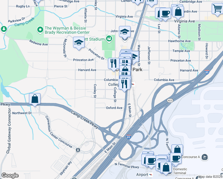 map of restaurants, bars, coffee shops, grocery stores, and more near 1920 John Wesley Ave in College Park