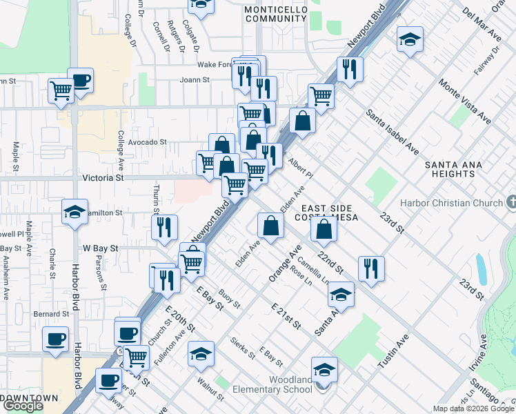 map of restaurants, bars, coffee shops, grocery stores, and more near 2197 Rural Place in Costa Mesa