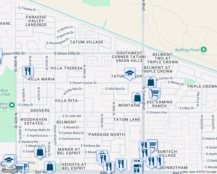 map of restaurants, bars, coffee shops, grocery stores, and more near 4550 E Villa Rita Dr in Phoenix