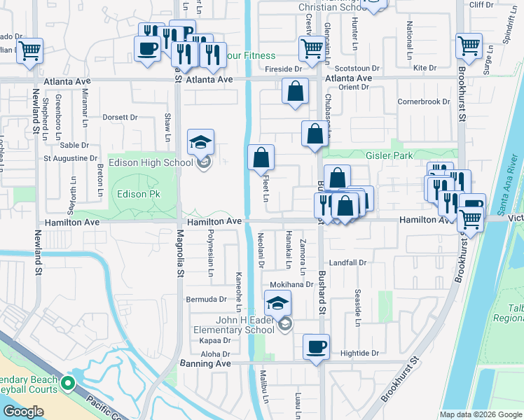 map of restaurants, bars, coffee shops, grocery stores, and more near 21441 Fleet Lane in Huntington Beach