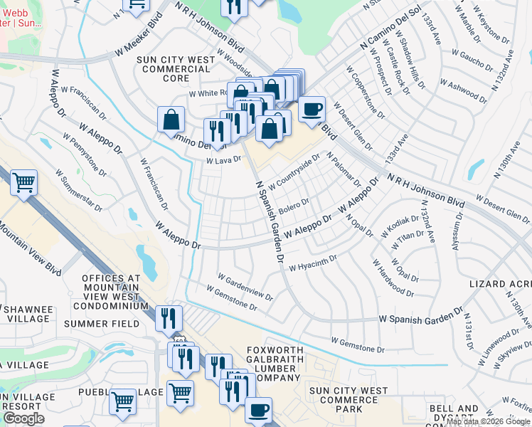 map of restaurants, bars, coffee shops, grocery stores, and more near 18414 North Spanish Garden Drive in Sun City West