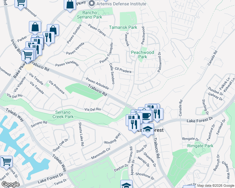 map of restaurants, bars, coffee shops, grocery stores, and more near 21466 Cypresswood in Lake Forest