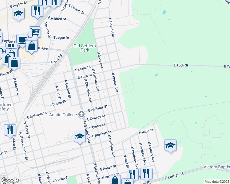map of restaurants, bars, coffee shops, grocery stores, and more near 1106 N Brents Ave in Sherman