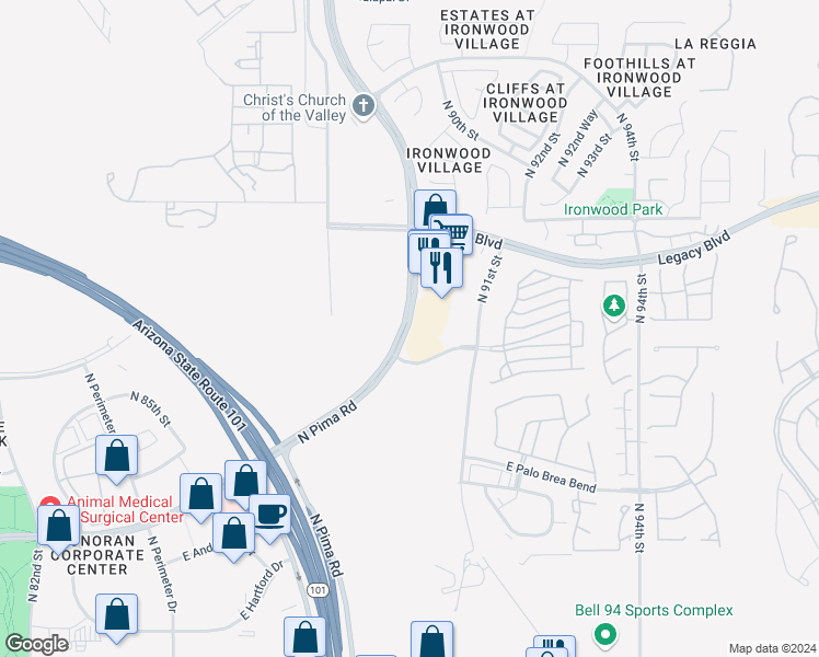 map of restaurants, bars, coffee shops, grocery stores, and more near 18245 North Pima Road in Scottsdale