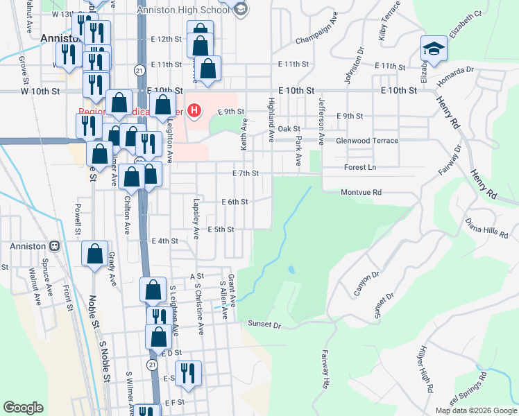 map of restaurants, bars, coffee shops, grocery stores, and more near 531 Keith Avenue in Anniston