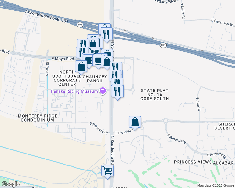 map of restaurants, bars, coffee shops, grocery stores, and more near 17797 North Scottsdale Road in Scottsdale