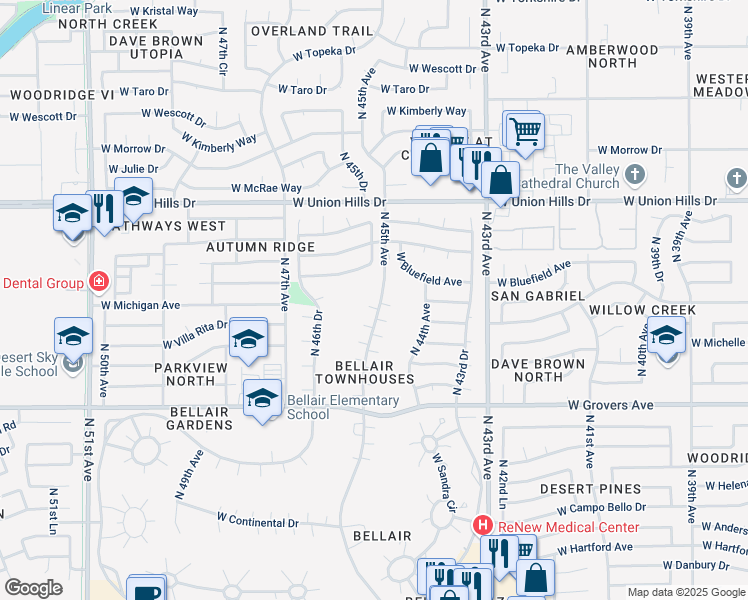 map of restaurants, bars, coffee shops, grocery stores, and more near 18210 North 45th Avenue in Glendale