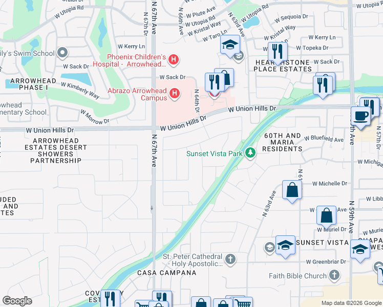 map of restaurants, bars, coffee shops, grocery stores, and more near 18239 North 65th Avenue in Glendale