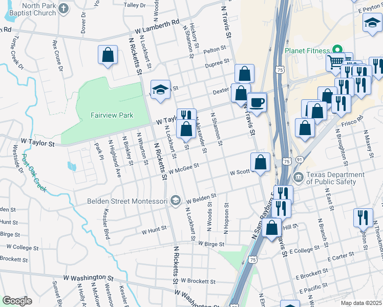 map of restaurants, bars, coffee shops, grocery stores, and more near 1623 North Woods Street in Sherman