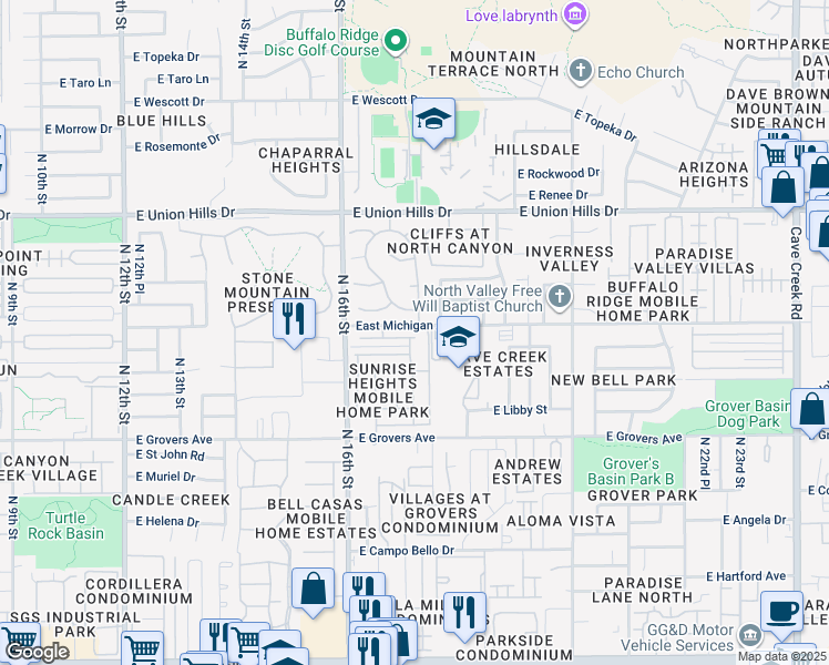 map of restaurants, bars, coffee shops, grocery stores, and more near 1716 East Villa Rita Drive in Phoenix