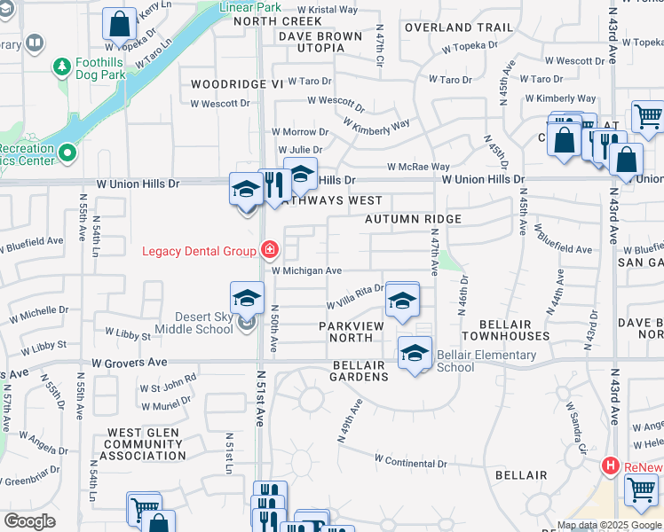 map of restaurants, bars, coffee shops, grocery stores, and more near 4920 West Michigan Avenue in Glendale