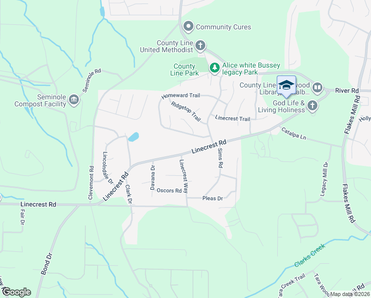 map of restaurants, bars, coffee shops, grocery stores, and more near 3552 Linecrest Road in Ellenwood