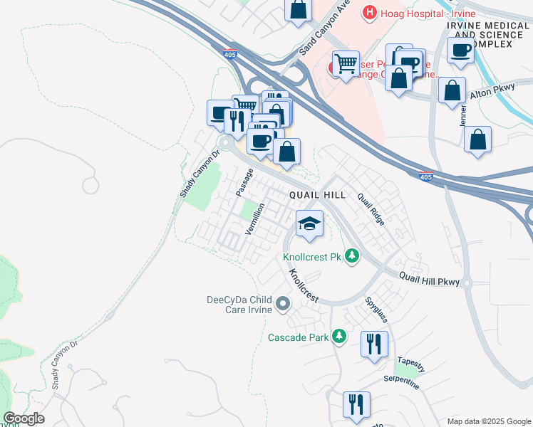 map of restaurants, bars, coffee shops, grocery stores, and more near 25 Perennial in Irvine