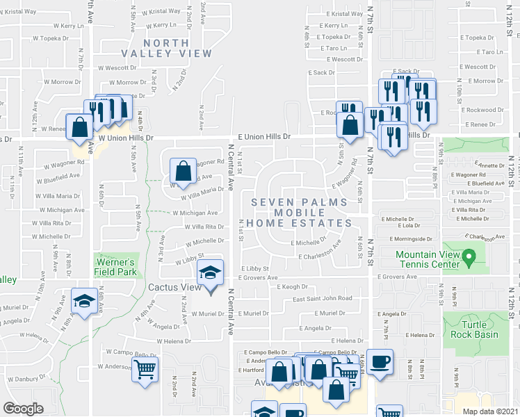 map of restaurants, bars, coffee shops, grocery stores, and more near 18205 North 1st Place in Phoenix