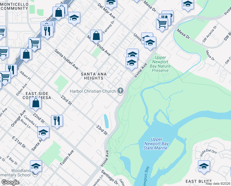 map of restaurants, bars, coffee shops, grocery stores, and more near 2414 Bonnie Place in Costa Mesa