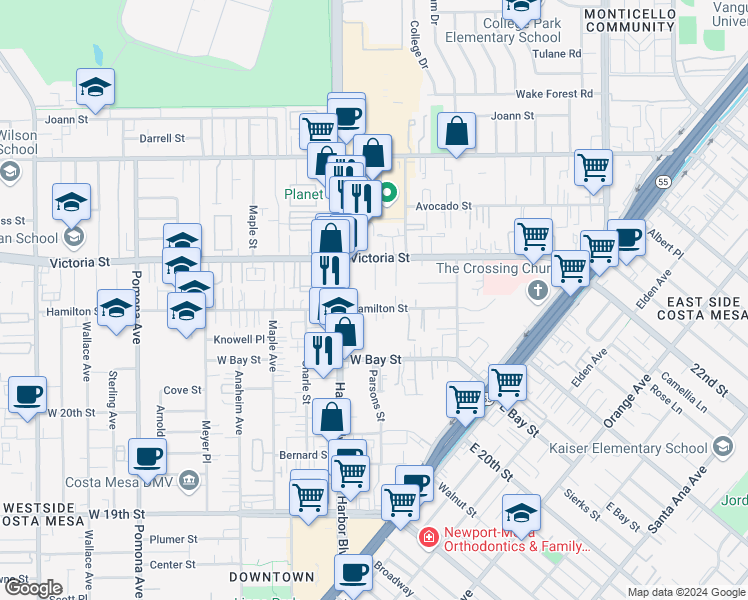 map of restaurants, bars, coffee shops, grocery stores, and more near 440 Hamilton Street in Costa Mesa