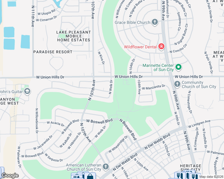 map of restaurants, bars, coffee shops, grocery stores, and more near 18405 North Welk Drive in Sun City