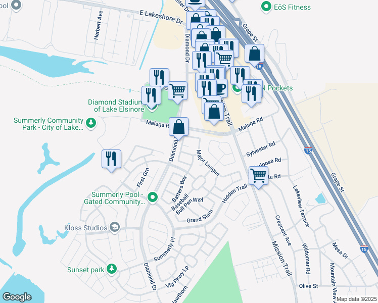 map of restaurants, bars, coffee shops, grocery stores, and more near 29433 Wrigley's Circle in Lake Elsinore