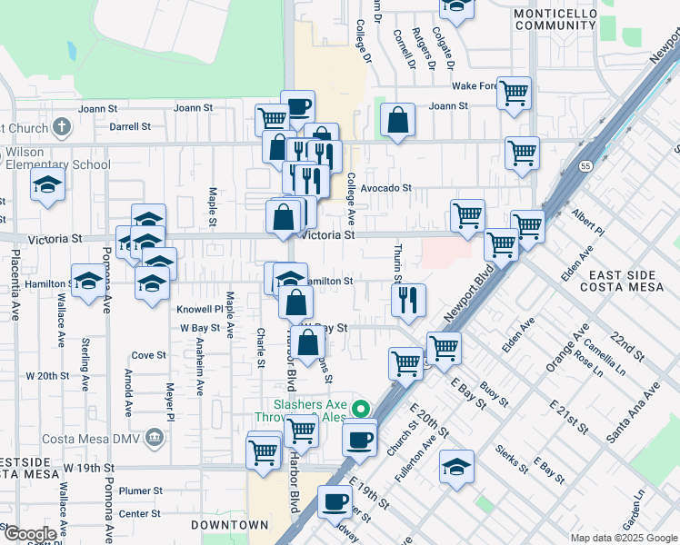 map of restaurants, bars, coffee shops, grocery stores, and more near 416 Hamilton Street in Costa Mesa