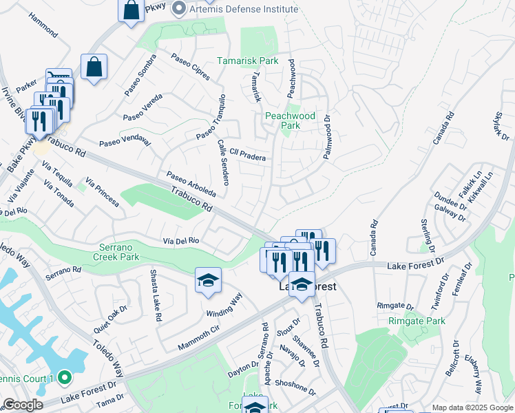 map of restaurants, bars, coffee shops, grocery stores, and more near 21472 Firwood in Lake Forest