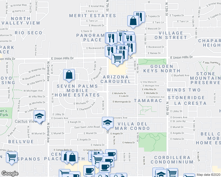 map of restaurants, bars, coffee shops, grocery stores, and more near 706 East Villa Rita Drive in Phoenix