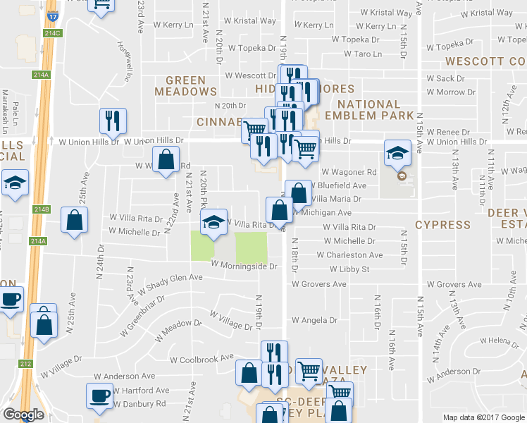 map of restaurants, bars, coffee shops, grocery stores, and more near 18039 North 19th Lane in Phoenix