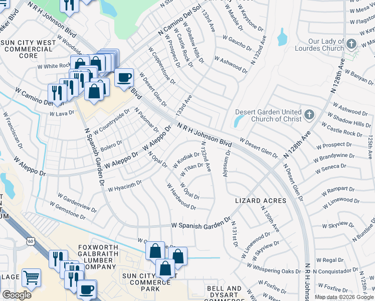 map of restaurants, bars, coffee shops, grocery stores, and more near 13218 West Kodiak Drive in Sun City West