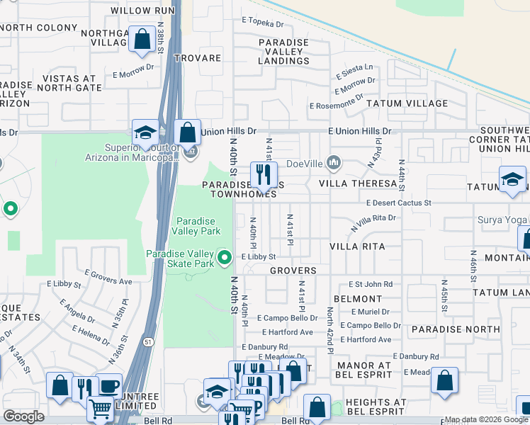 map of restaurants, bars, coffee shops, grocery stores, and more near 18034 North 41st Street in Phoenix