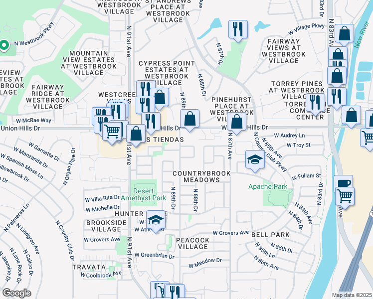 map of restaurants, bars, coffee shops, grocery stores, and more near 8833 West Bluefield Avenue in Peoria
