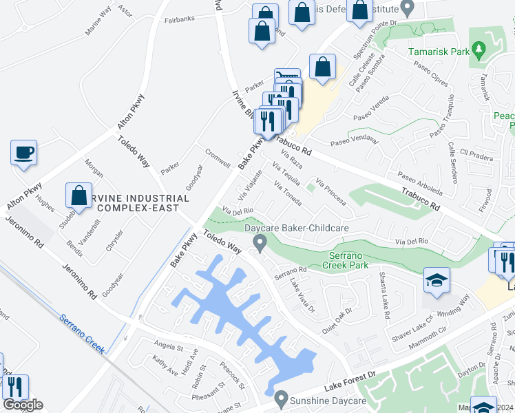 map of restaurants, bars, coffee shops, grocery stores, and more near 21452 Calle De Oro in Lake Forest