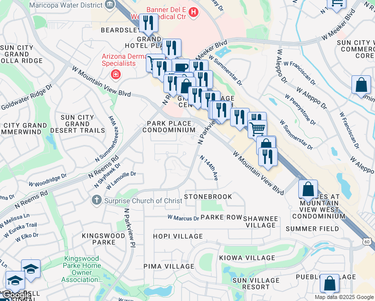 map of restaurants, bars, coffee shops, grocery stores, and more near 14552 West Parkwood Drive in Surprise