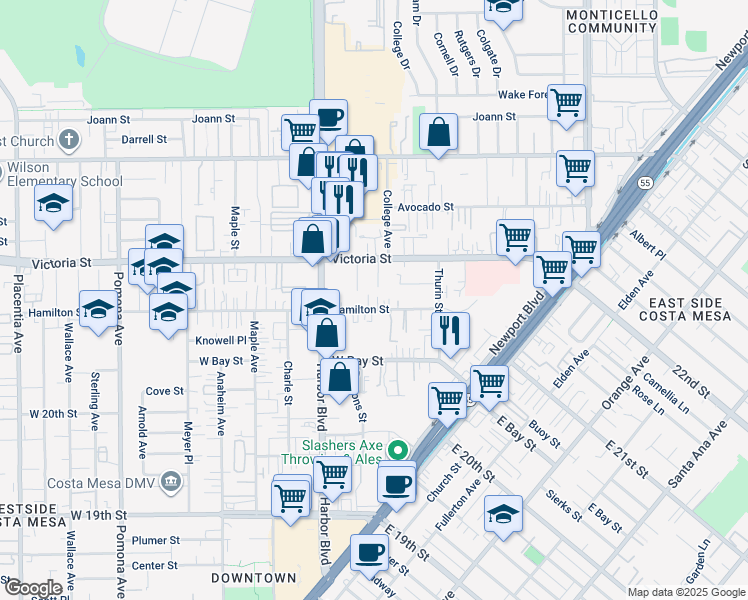 map of restaurants, bars, coffee shops, grocery stores, and more near 416 Hamilton Street in Costa Mesa