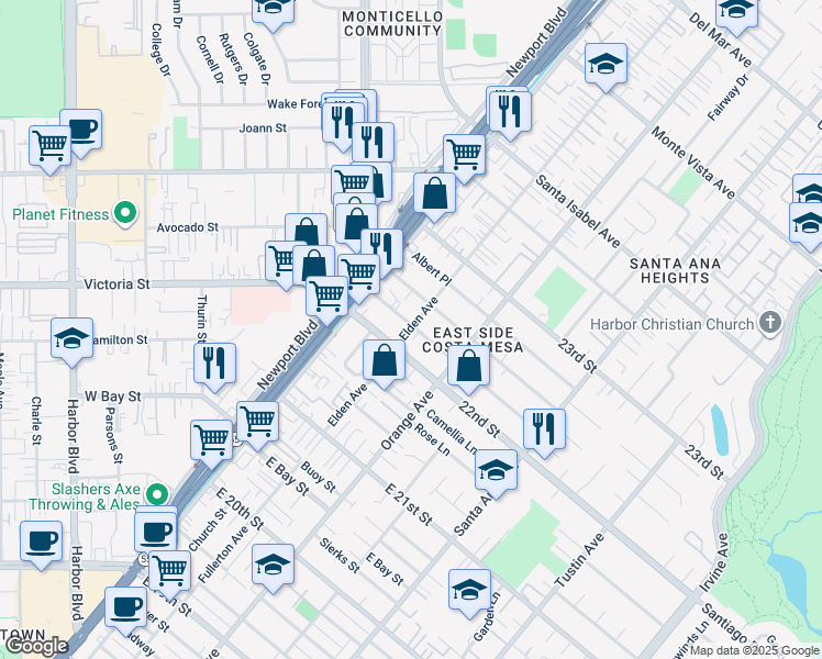 map of restaurants, bars, coffee shops, grocery stores, and more near 2220 Elden Avenue in Costa Mesa