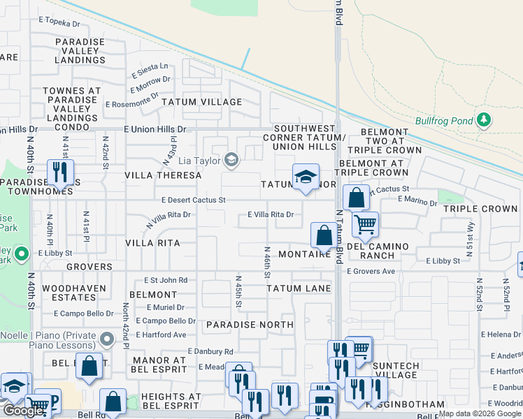 map of restaurants, bars, coffee shops, grocery stores, and more near 4550 East Villa Rita Drive in Phoenix