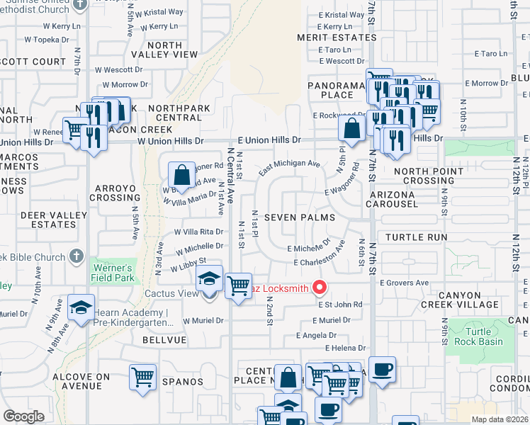 map of restaurants, bars, coffee shops, grocery stores, and more near 18205 North 1st Place in Phoenix