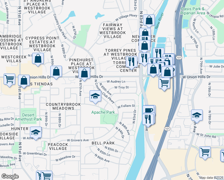 map of restaurants, bars, coffee shops, grocery stores, and more near 8455 West Troy Street in Peoria