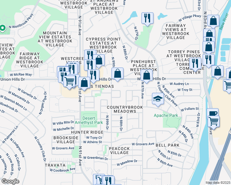 map of restaurants, bars, coffee shops, grocery stores, and more near 8833 West Bluefield Avenue in Peoria