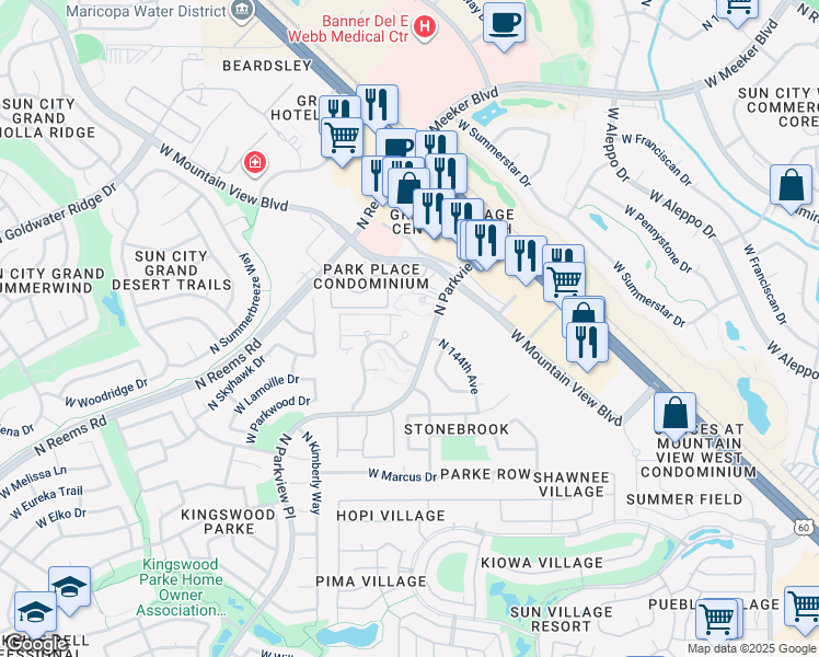 map of restaurants, bars, coffee shops, grocery stores, and more near 14552 West Parkwood Drive in Surprise
