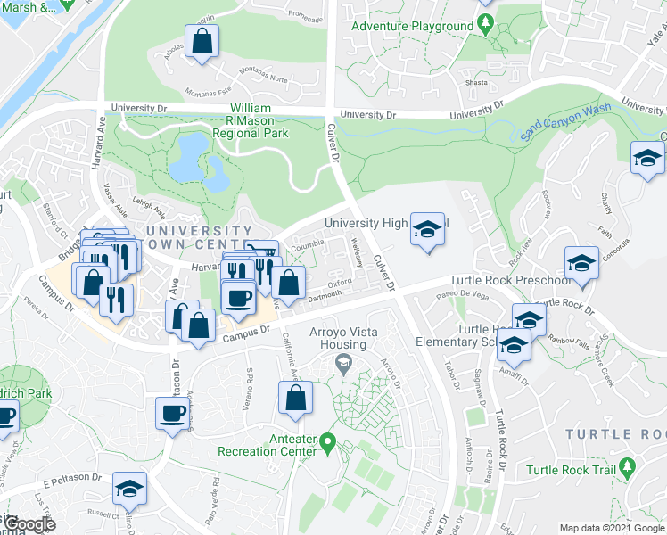 map of restaurants, bars, coffee shops, grocery stores, and more near 43 Oxford in Irvine