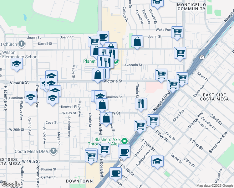 map of restaurants, bars, coffee shops, grocery stores, and more near 414 Hamilton Street in Costa Mesa