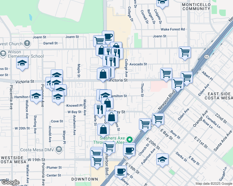 map of restaurants, bars, coffee shops, grocery stores, and more near 440 Hamilton Street in Costa Mesa