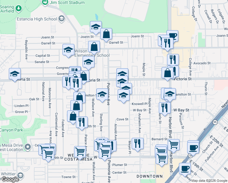 map of restaurants, bars, coffee shops, grocery stores, and more near 2115 Harper Way in Costa Mesa