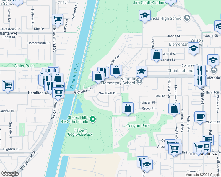 map of restaurants, bars, coffee shops, grocery stores, and more near 1097 Glen Circle in Costa Mesa